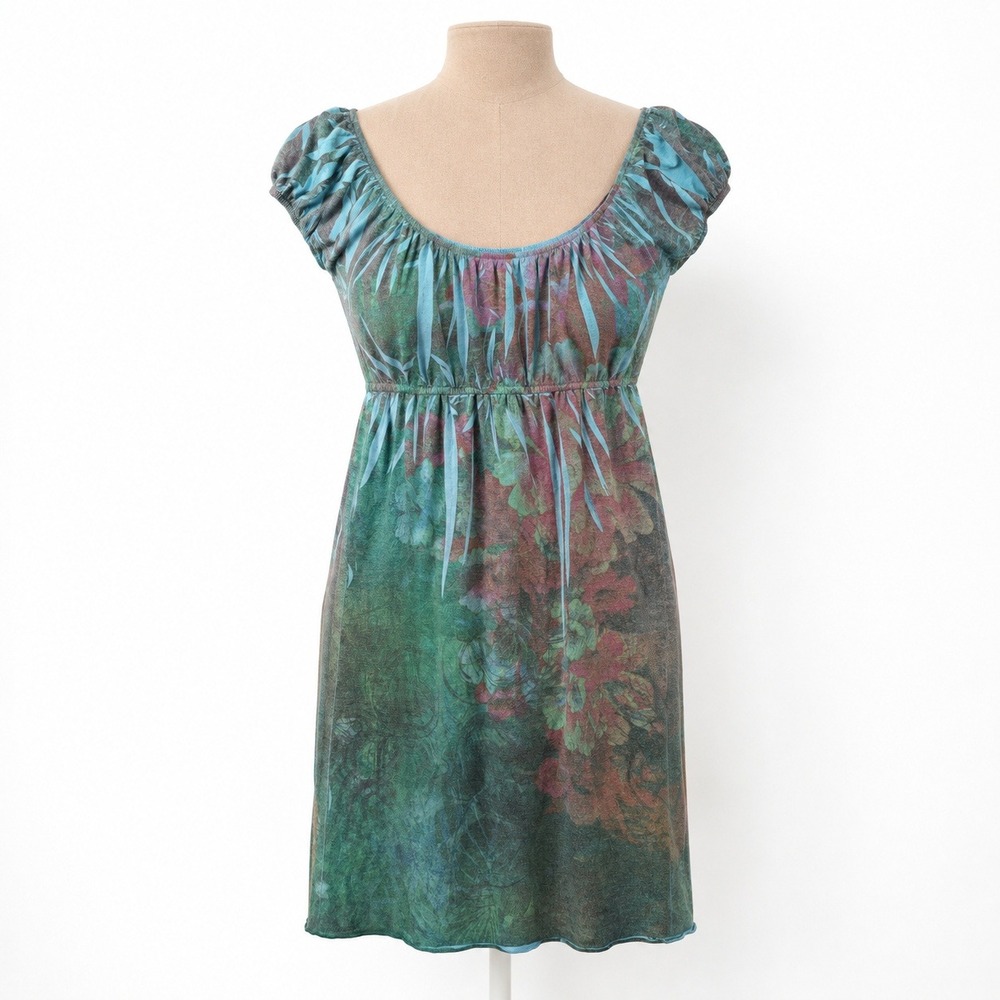 Vintage Y2K Empire Waist Babydoll Mini Dress Sz S Teal Floral Preppy Indie Fairy